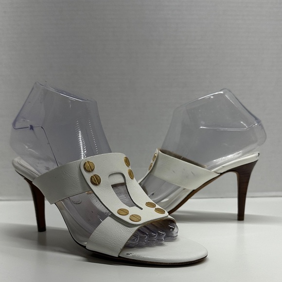 Celine Triomphe Heels High Heel Shoes Open Toe Leather White Gold Studs Size 37 - Picture 12 of 13